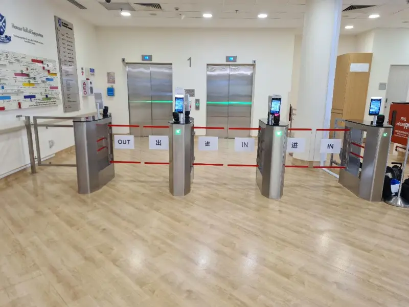 Swing barriers installed at the entrance of a hospital.
