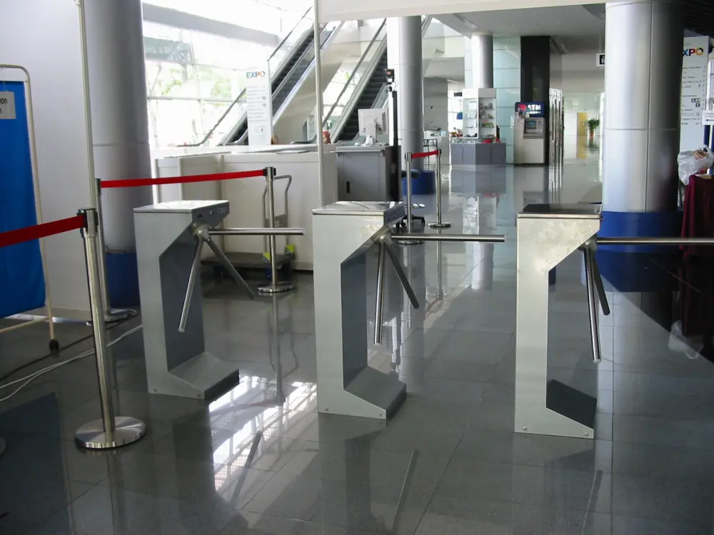 Tripod turnstiles installed at a convention centre.
